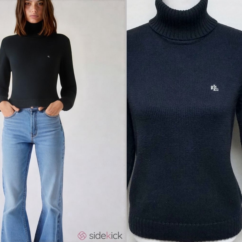 90s Vintage Lauren Ralph Lauren Black Knit Turtleneck Quarter Sleeve Sweater M